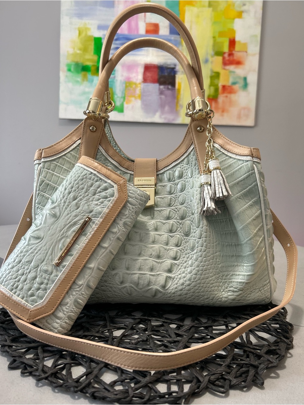 Brahmin Elisa Sea Glass Tri-Color Satchel/Shoulder Bag + Checkbook Wallet